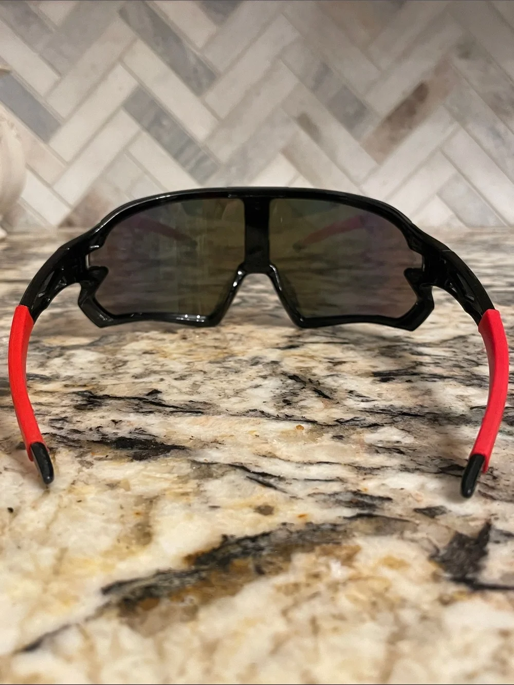 Sport Shield Sunglasses - Black Frame with Mirrored Green-Blue Lens